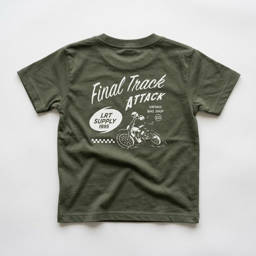 Green t-shirt with graphic design and text on a white background