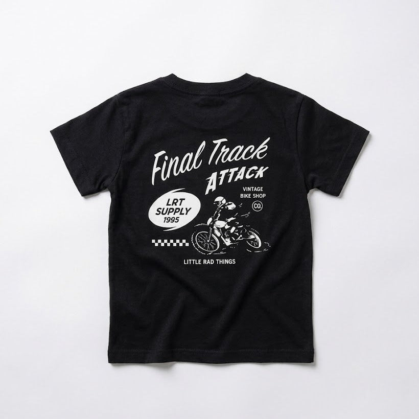 Black t-shirt with white graphic design on a white background