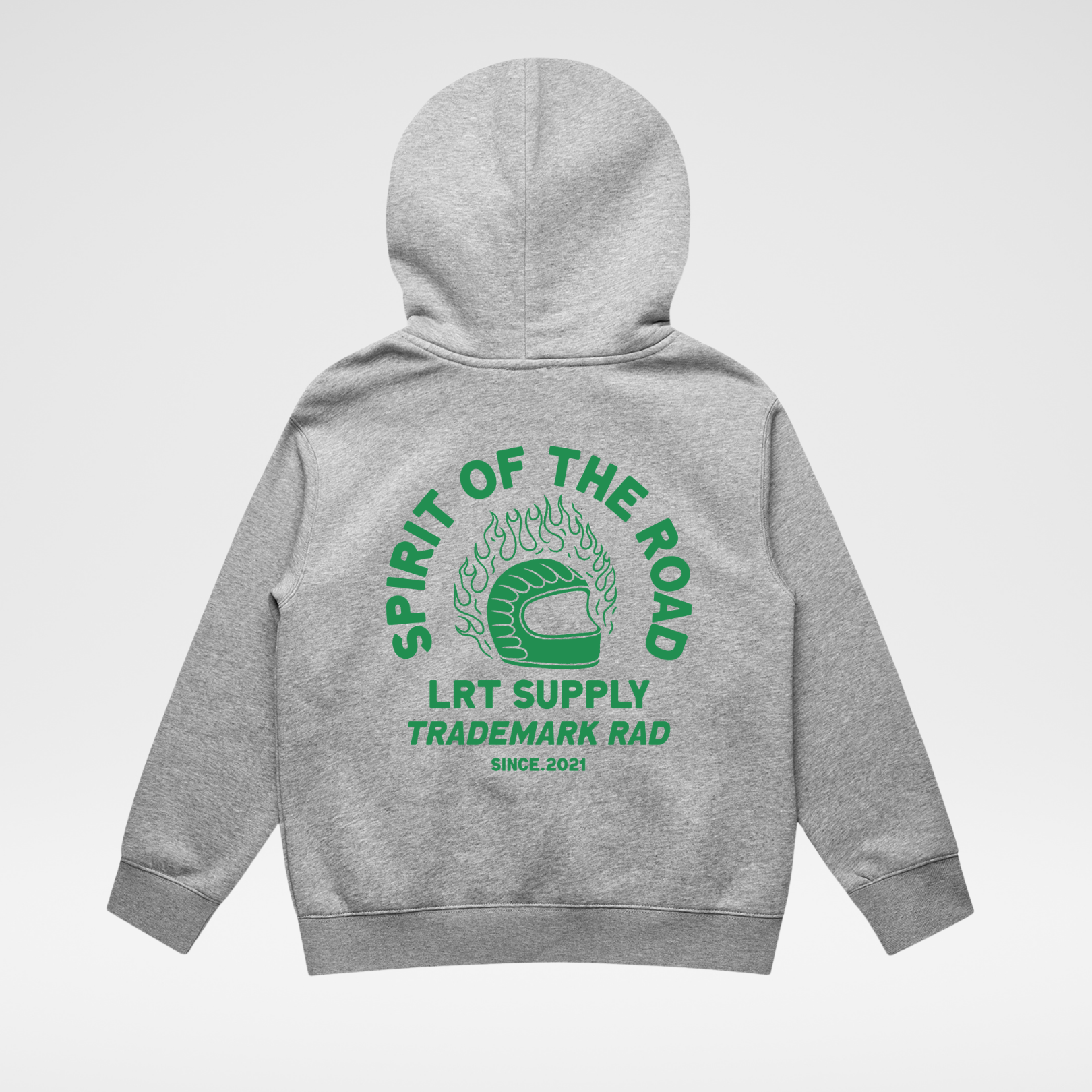 Gray hoodie with green graphic and text on the back against a white background