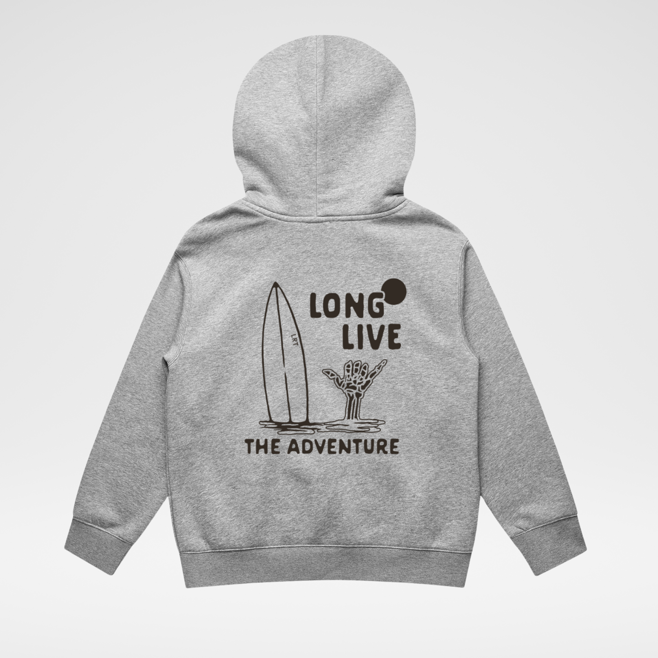 Gray hoodie with 'Long Live the Adventure' text and graphics on the back against a white background