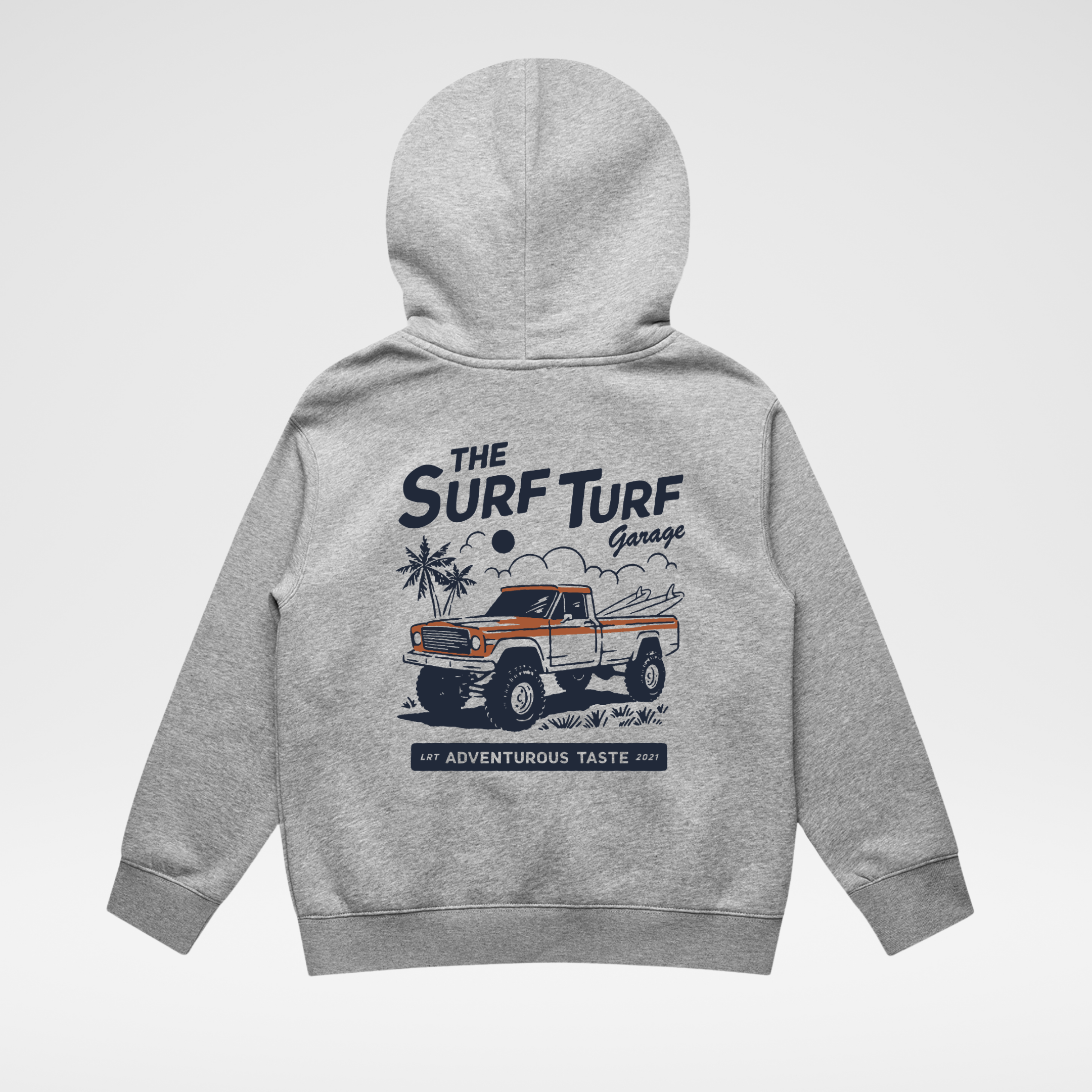 Gray hoodie with a graphic design on the back featuring a truck and text, on a light gray background.