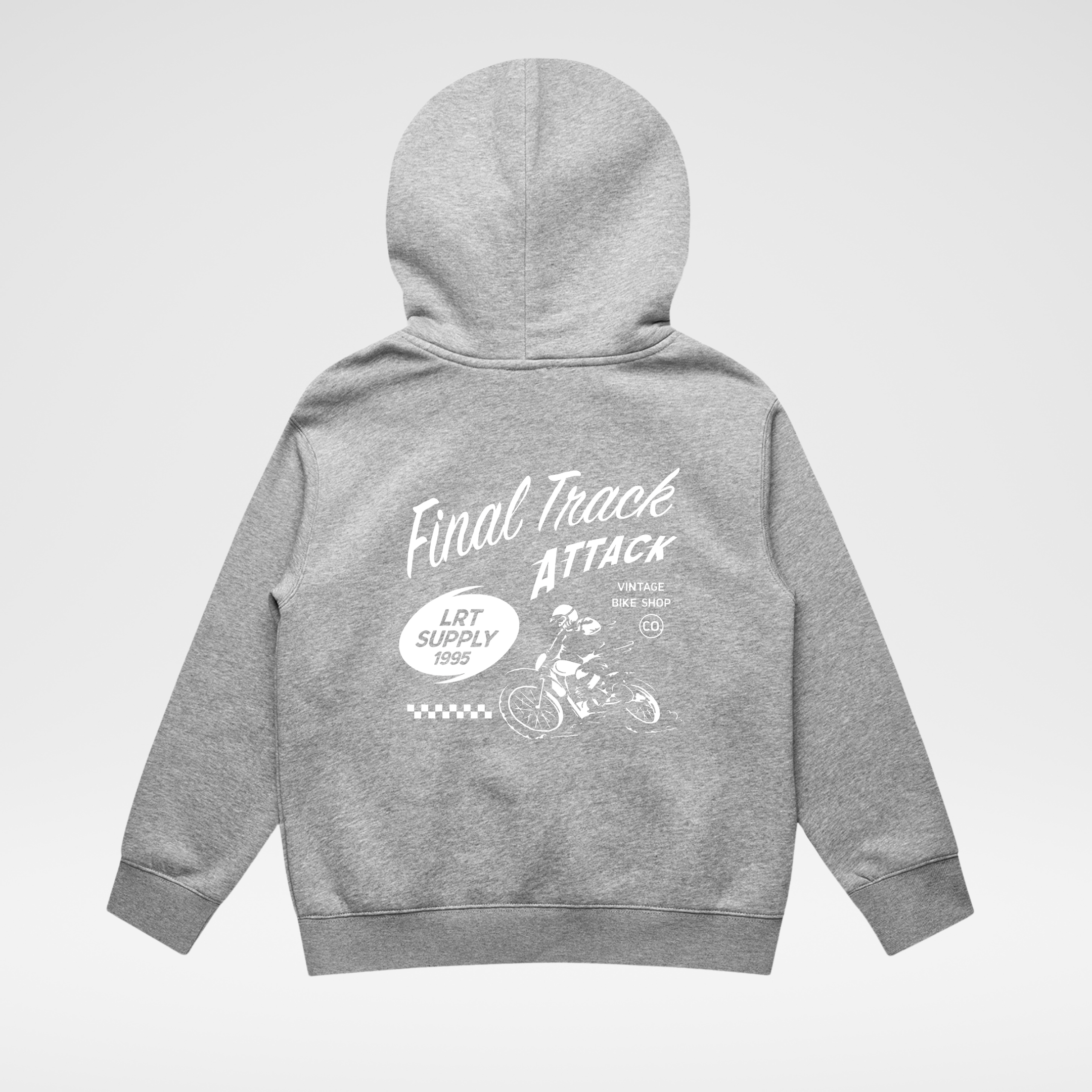 Gray hoodie with 'Final Track Attack' text and graphic on the back against a light gray background