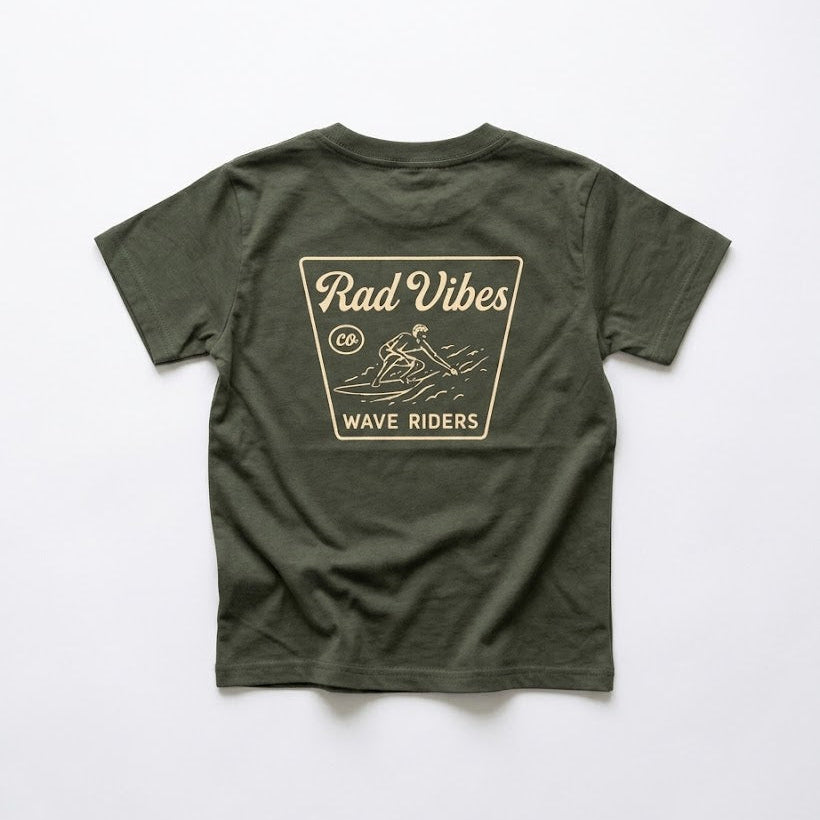 Green t-shirt with 'Rad Vibes Wave Riders' graphic on a white background