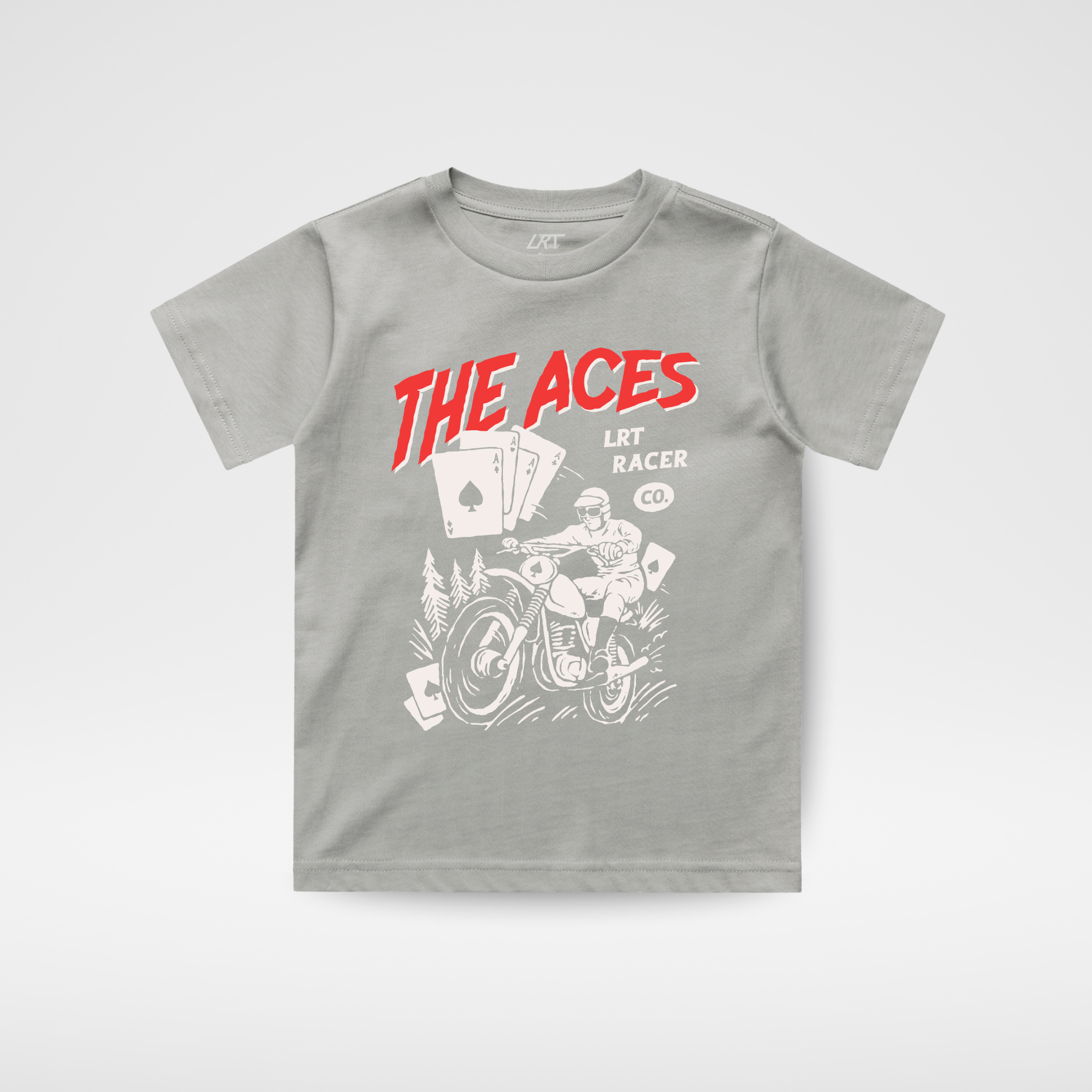 Gray t-shirt with red and white graphic design on a light gray background