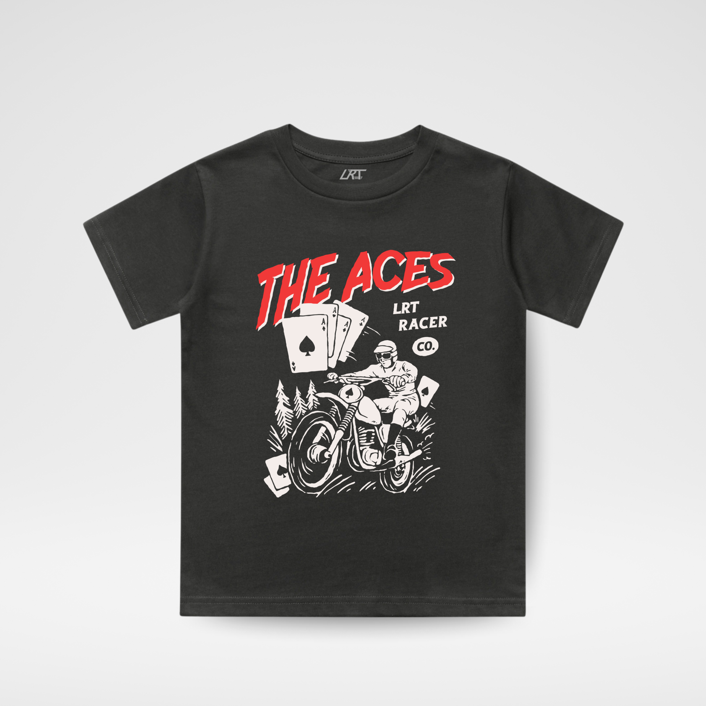 Black t-shirt with graphic design and text on a white background