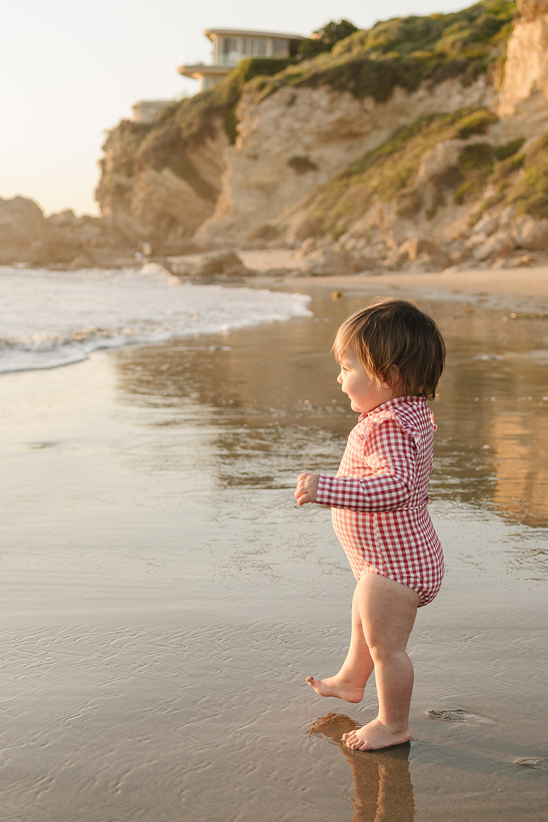 Gingham Long Sleeve Ruffle Zipper One-Piece