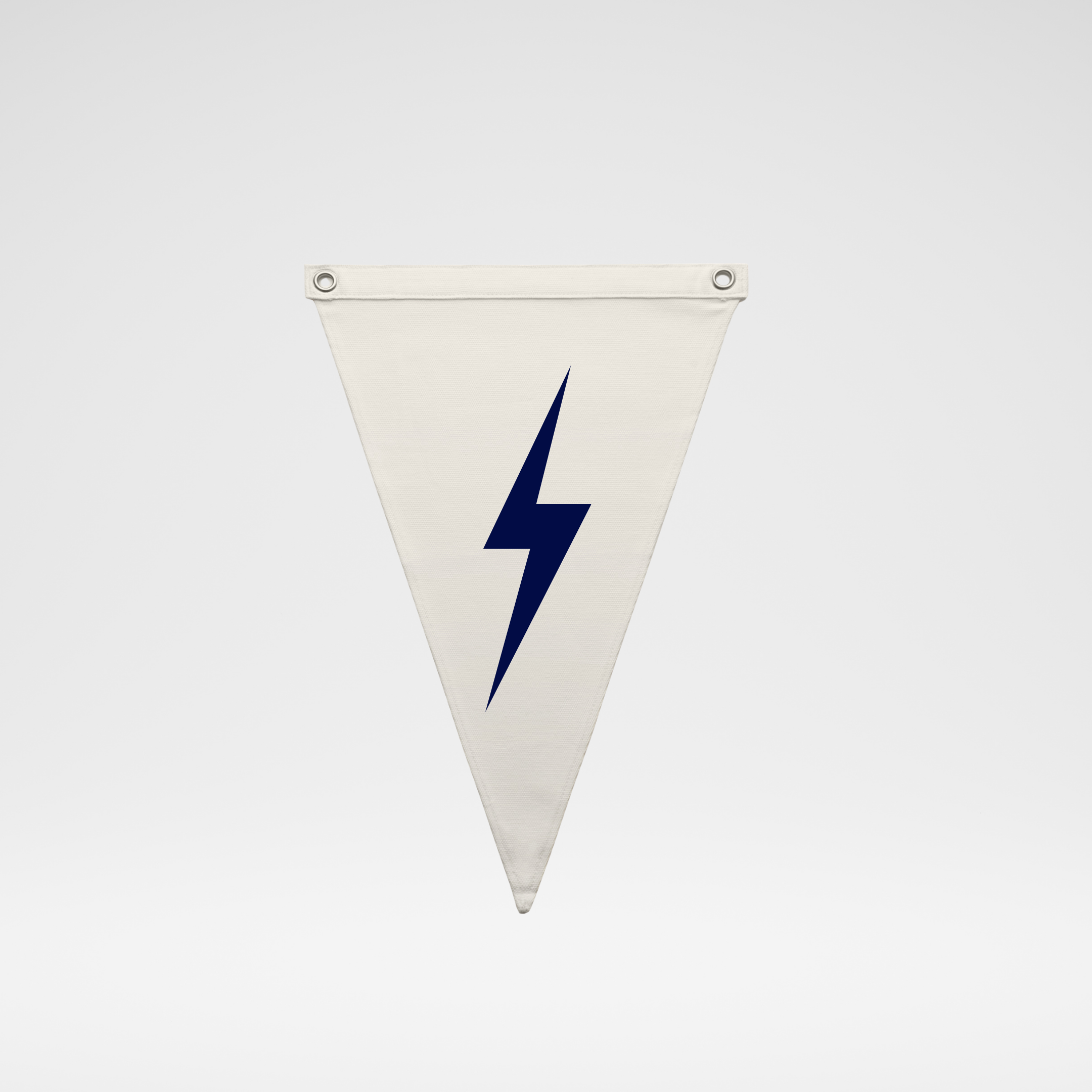 A white triangular pennant banner with a dark blue lightning bolt printed in the center, shown against a light gray gradient background.