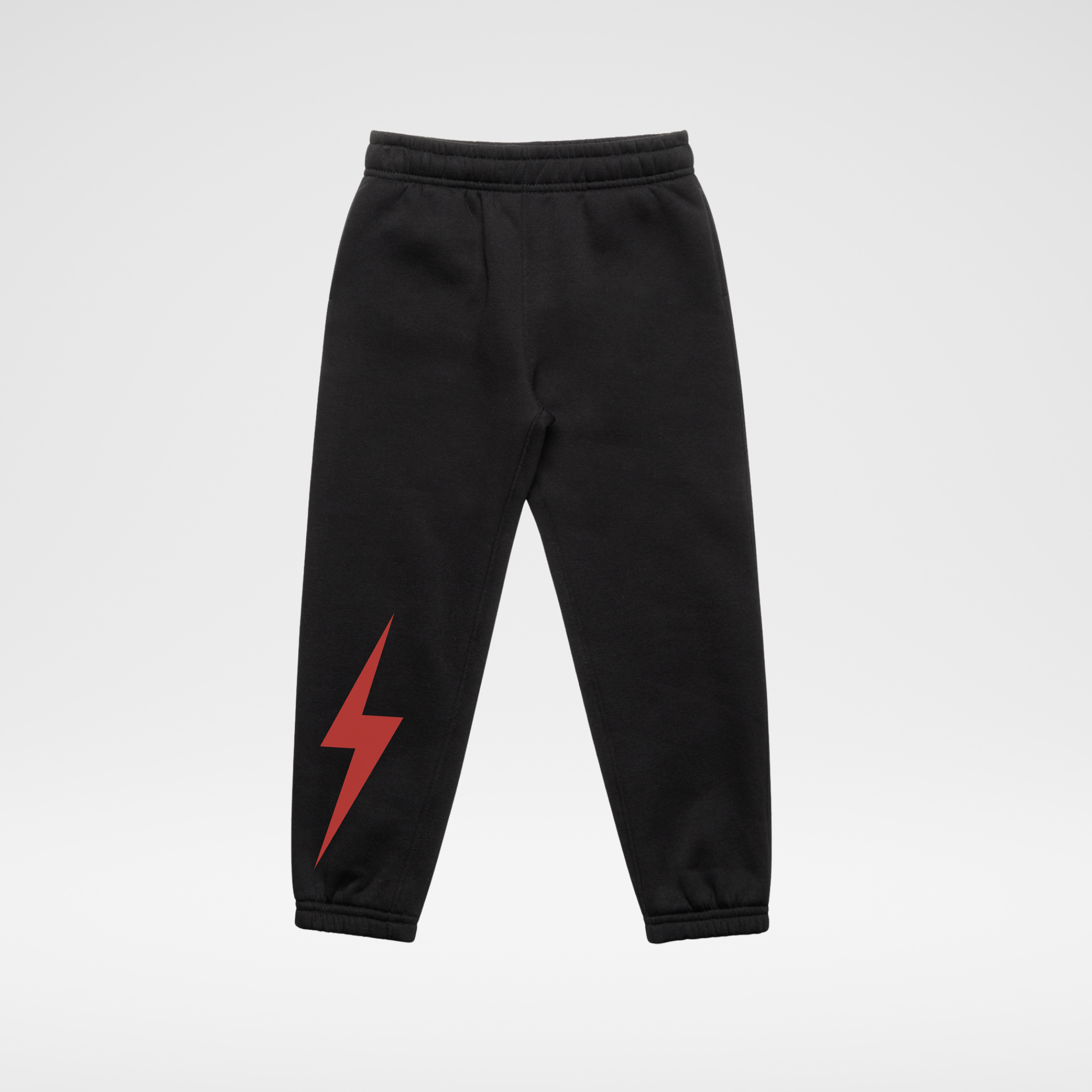 Black sweatpants with a red lightning bolt graphic on the lower left leg, shown against a light gray background.