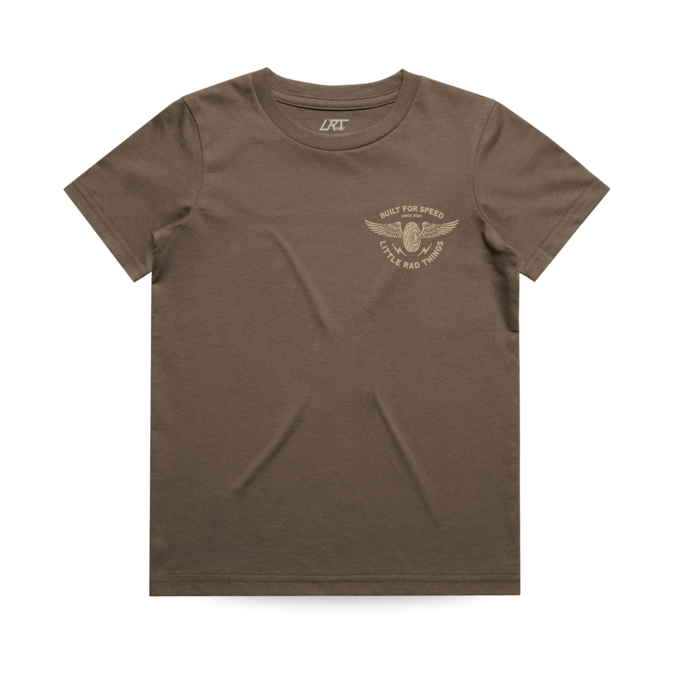 Brown t-shirt with a logo on a white background