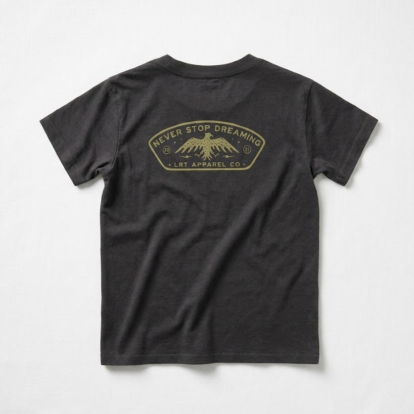 Black t-shirt with a logo on the back against a white background