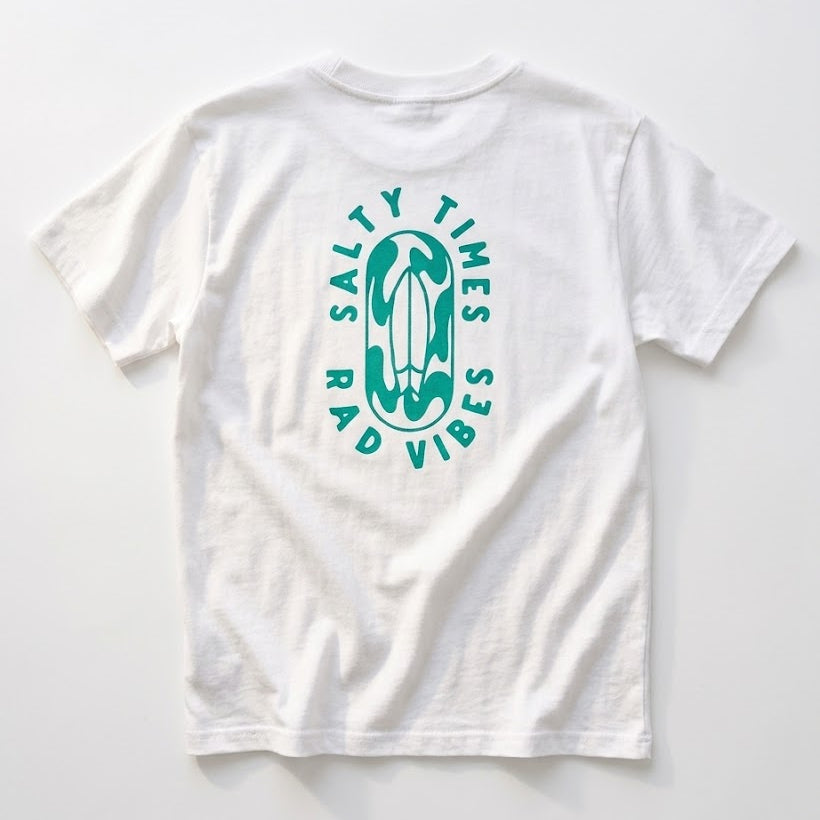 White t-shirt with teal graphic and text on a white background