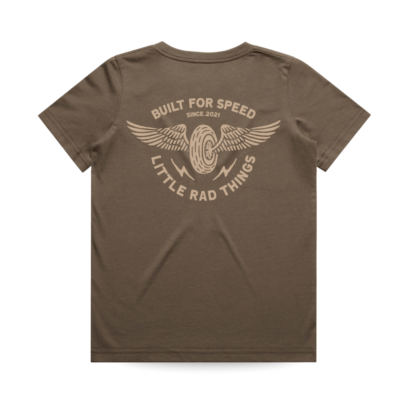 Brown t-shirt with graphic design and text on the back on a white background