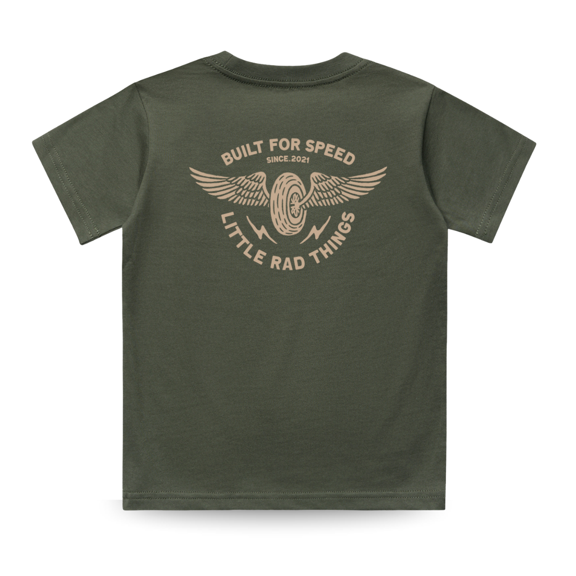 Green t-shirt with a graphic design on the back on a white background