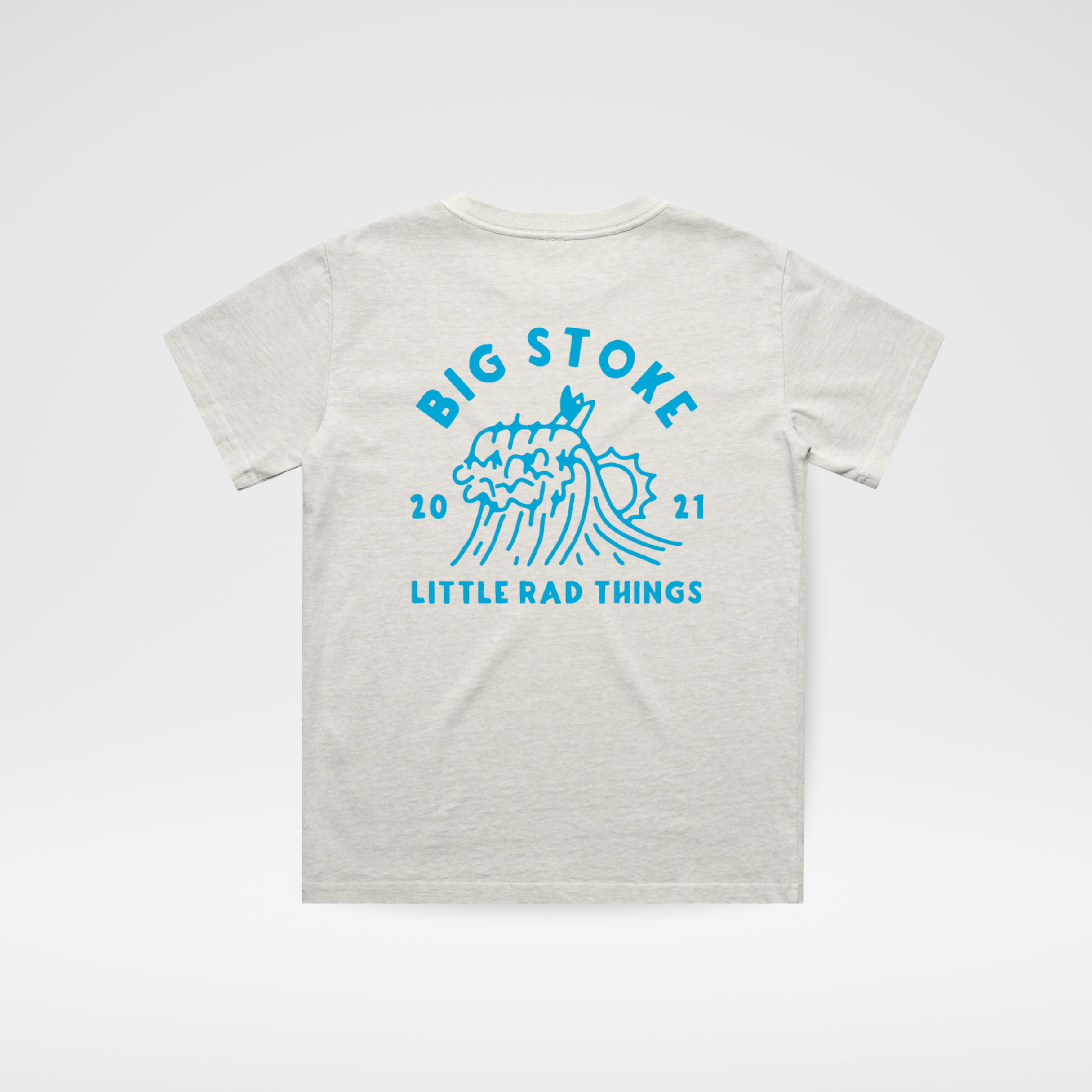 Beige t-shirt with blue graphic and text on a white background