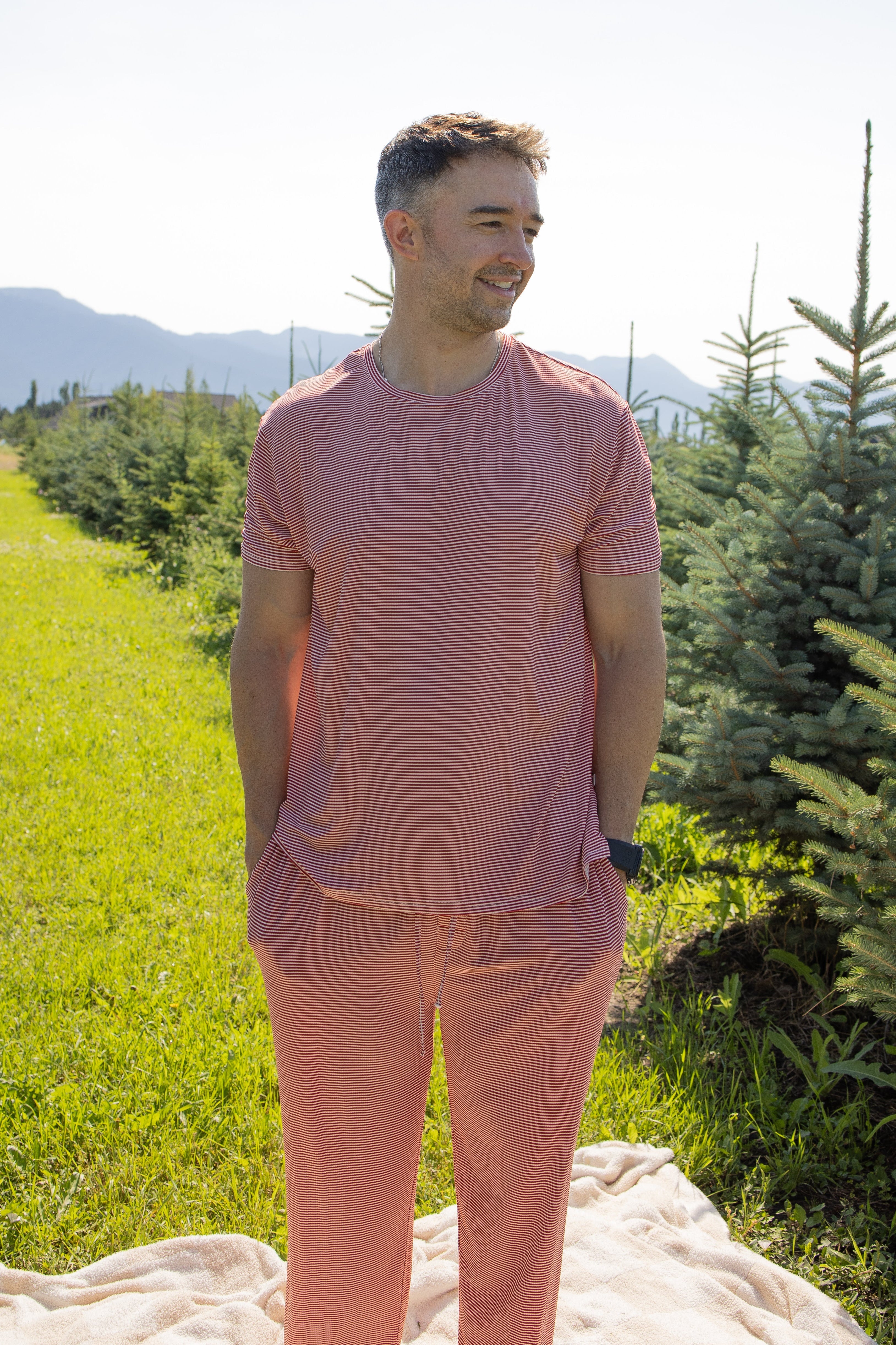 Men's Short Sleeve Pajamas | Peppermint Stripe Ribbed