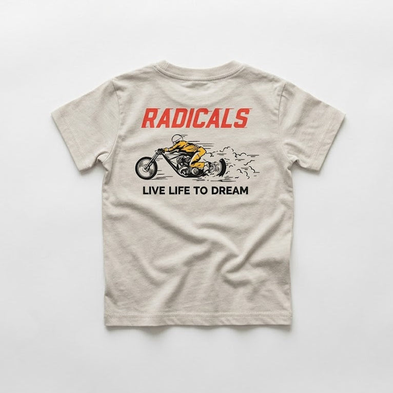 Gray t-shirt with motorcycle graphic and text on a white background