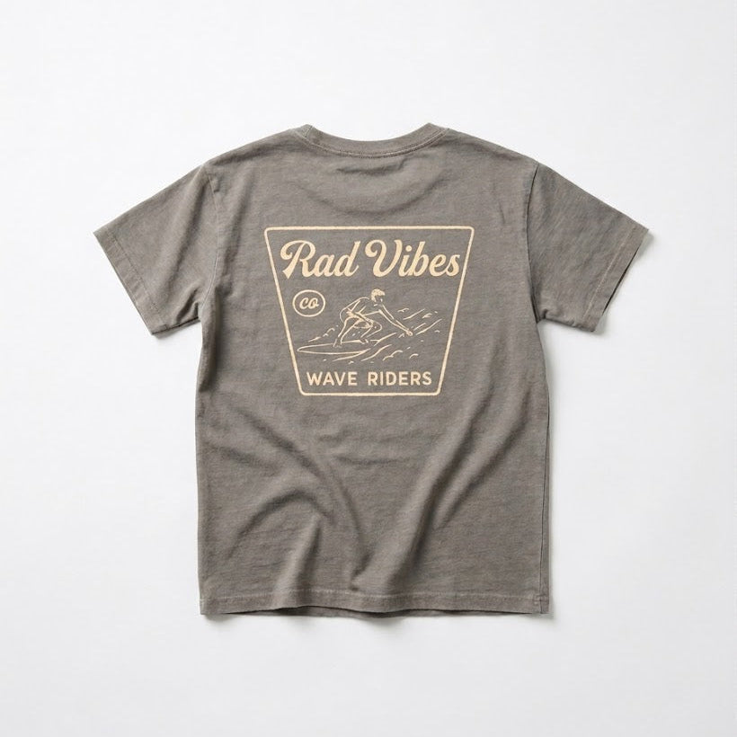 Gray t-shirt with 'Rad Vibes Wave Riders' graphic on a white background