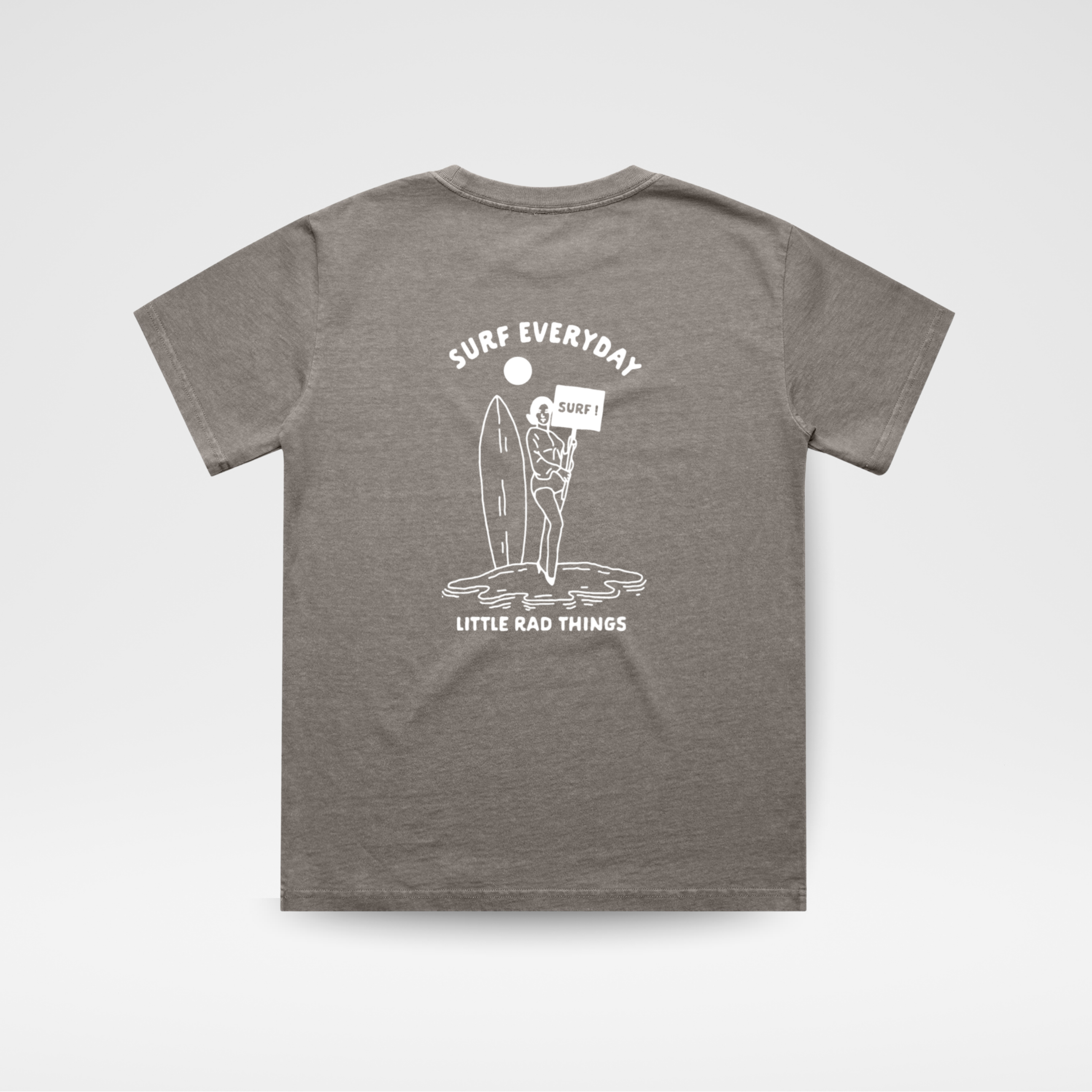 Gray t-shirt with white graphic and text on a light gray background