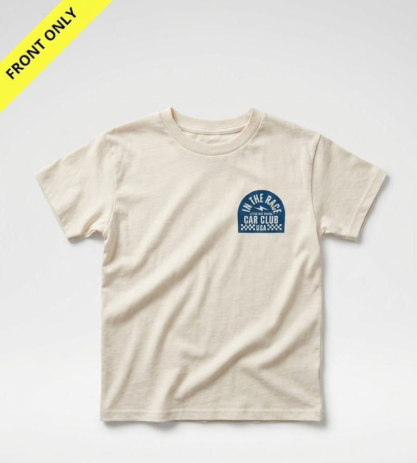 Beige t-shirt with a blue graphic on a white background