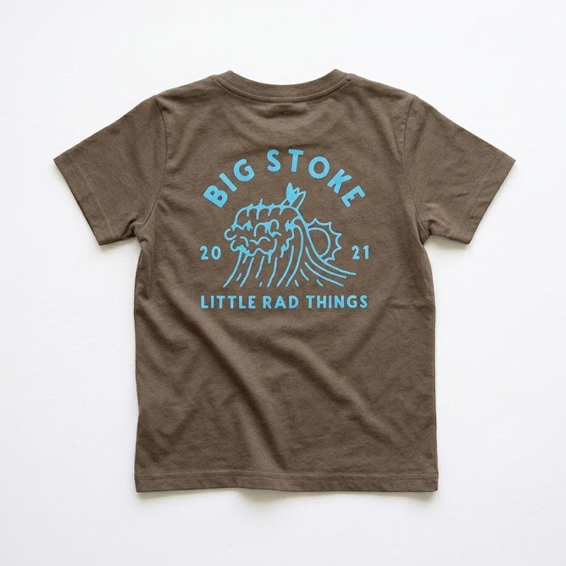 Brown t-shirt with blue graphic and text on a white background