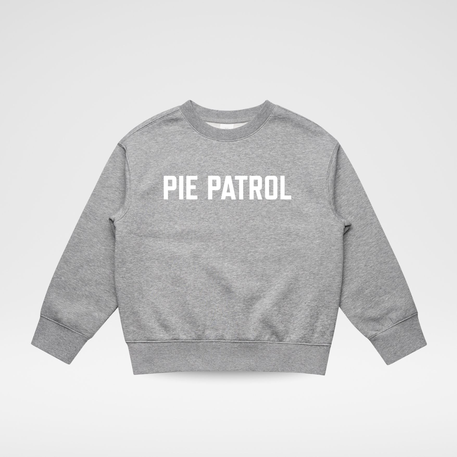 A heather gray crewneck sweatshirt with 'PIE PATROL' printed in bold white capital letters across the chest, displayed flat against a light gray background.
