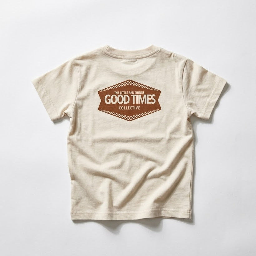 Beige t-shirt with 'Good Times Collective' logo on a white background