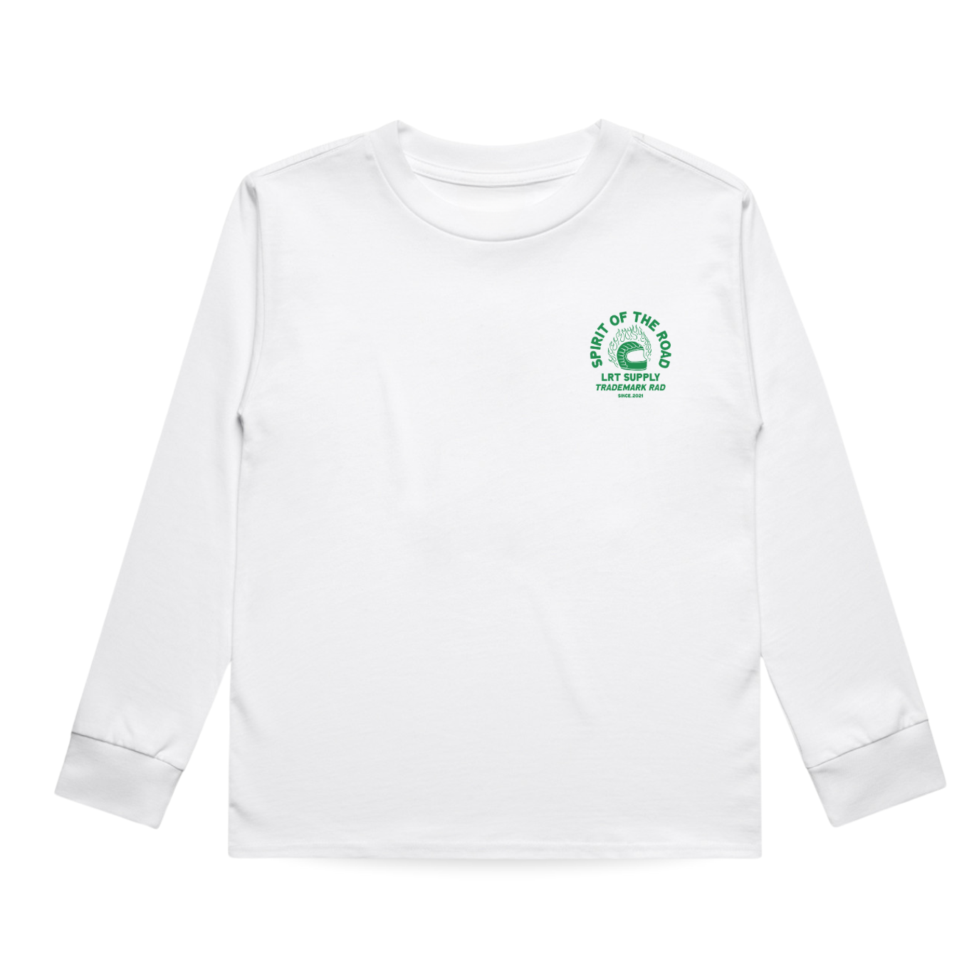 White long-sleeve shirt with green logo on a white background