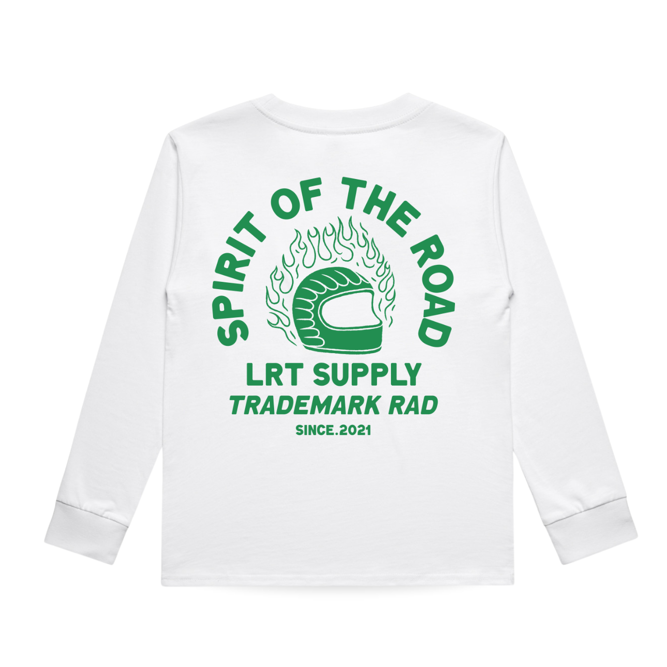 White long-sleeve shirt with green text and logo on a white background