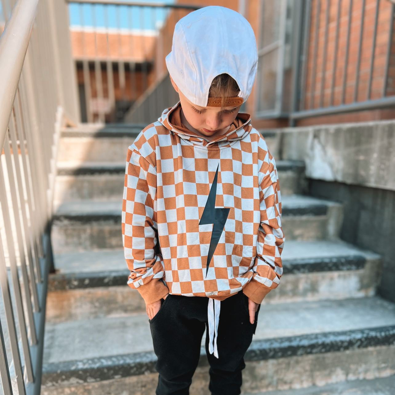 Vintage Inspired Kids Clothes, Little Rad Things, Checkered Spark Hoodie In Rust. Free US Shipping over 100. Little Trouble.