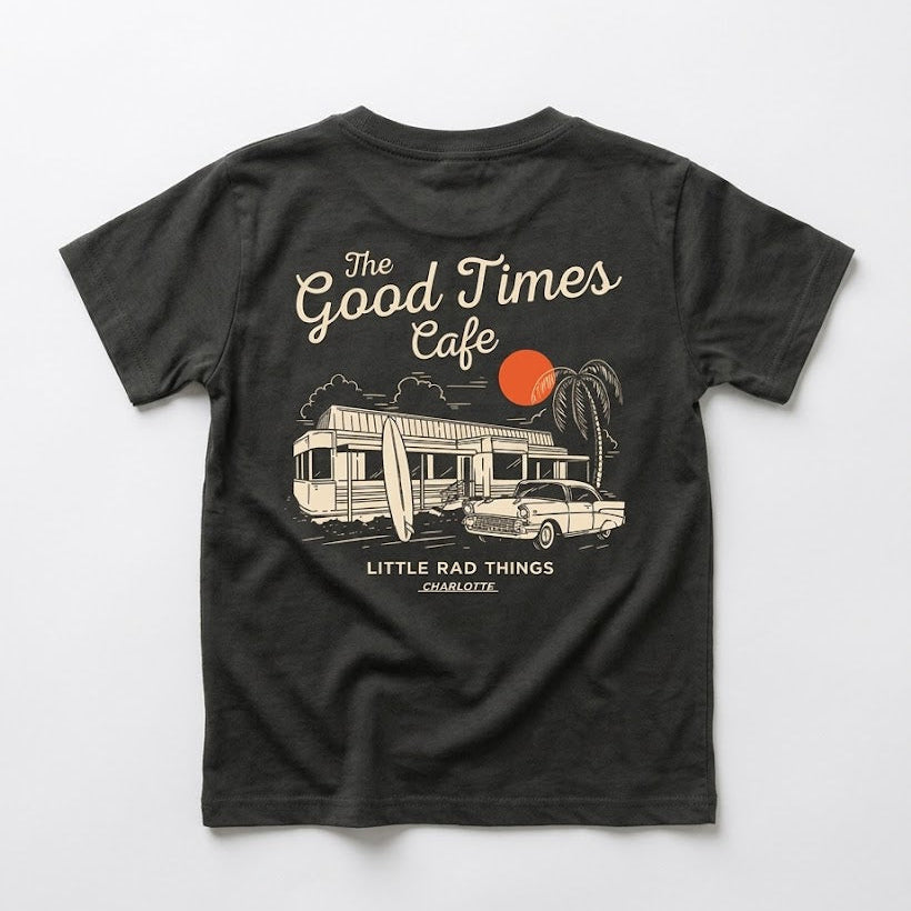 Black t-shirt with 'The Good Times Cafe' graphic design on a white background