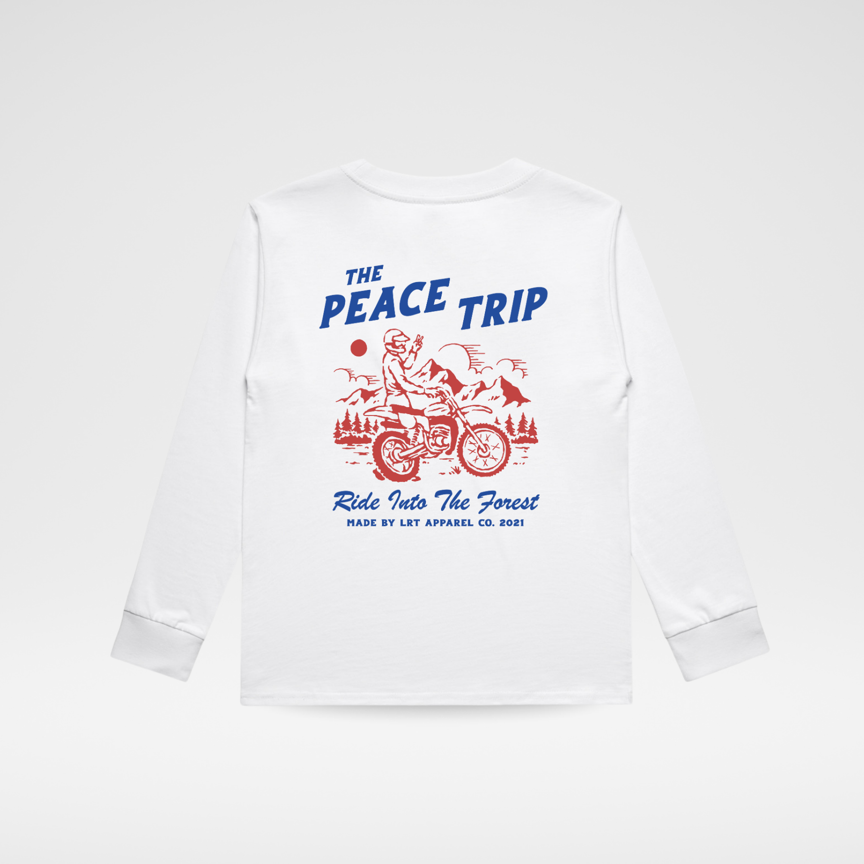 White sweatshirt with 'The Peace Trip' graphic design on a white background