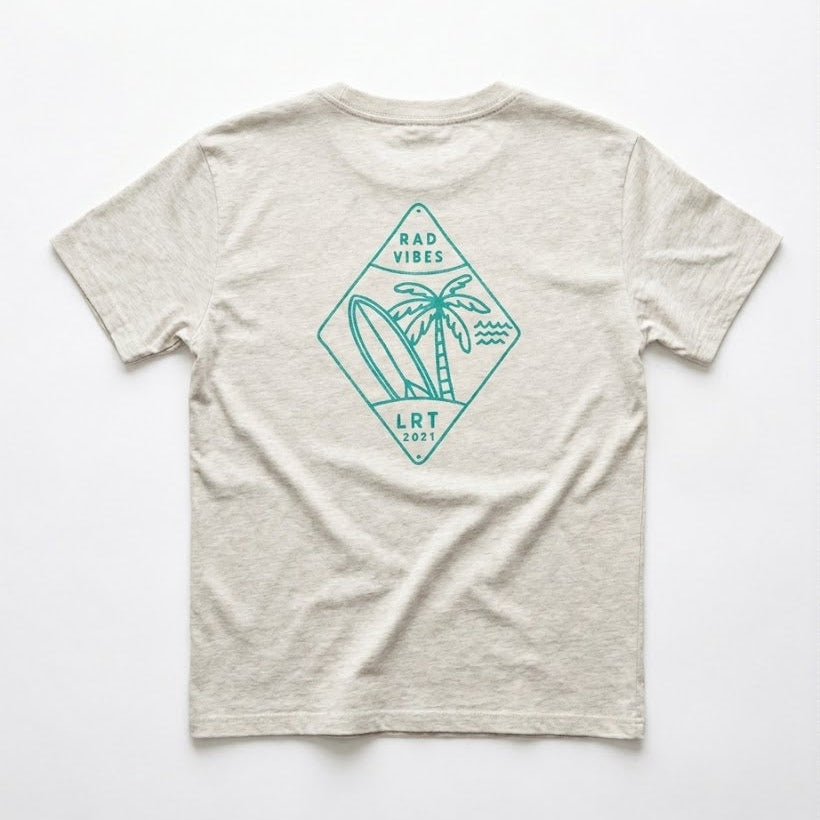Beige t-shirt with a green graphic on a white background