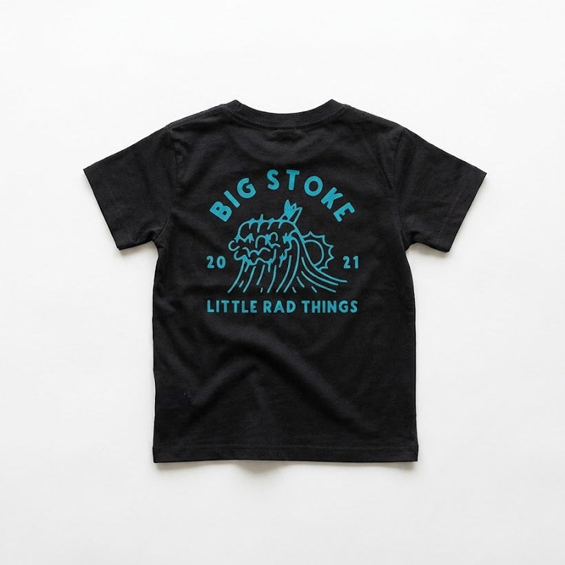 Black t-shirt with blue graphic and text on a white background