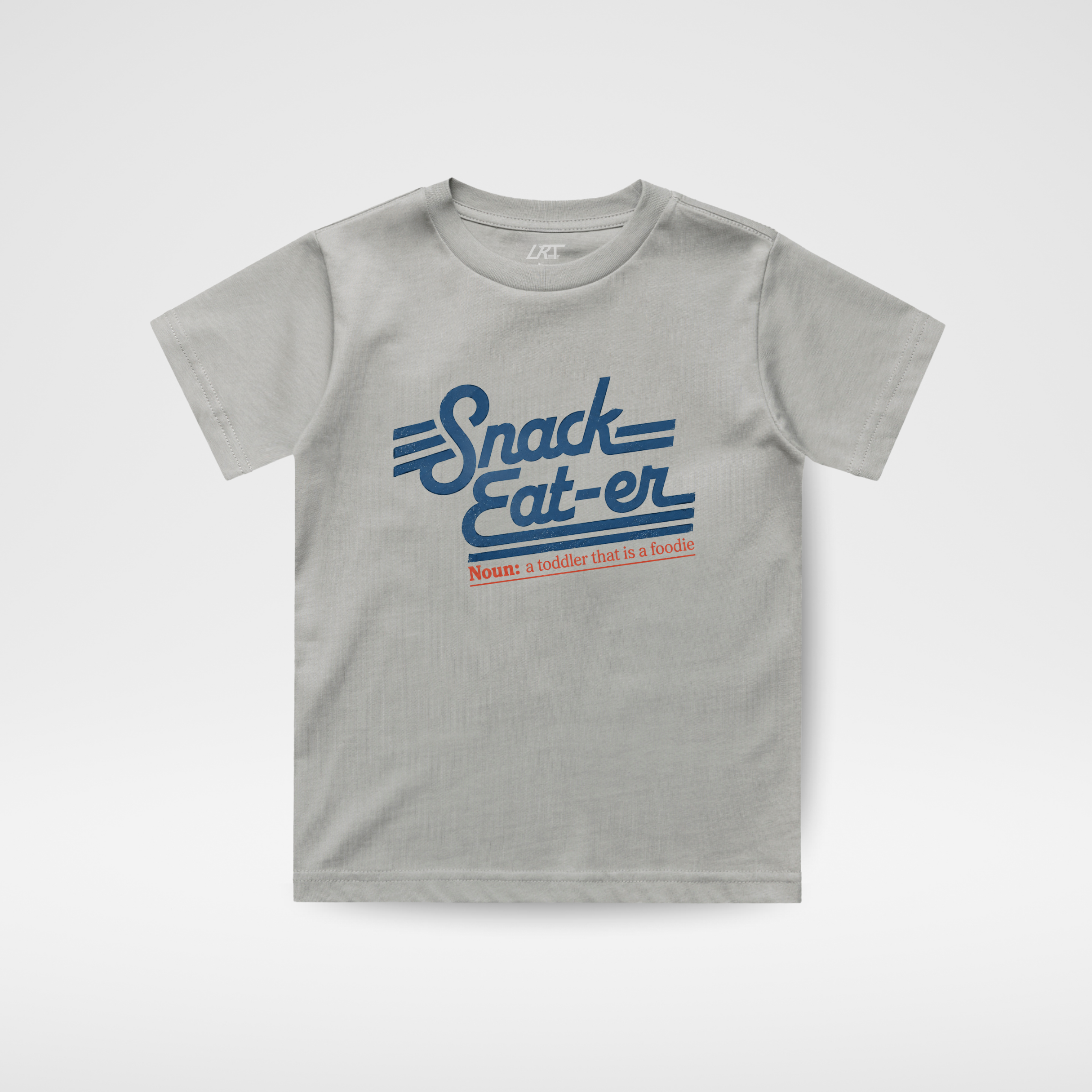 Gray t-shirt with blue and red text on a white background