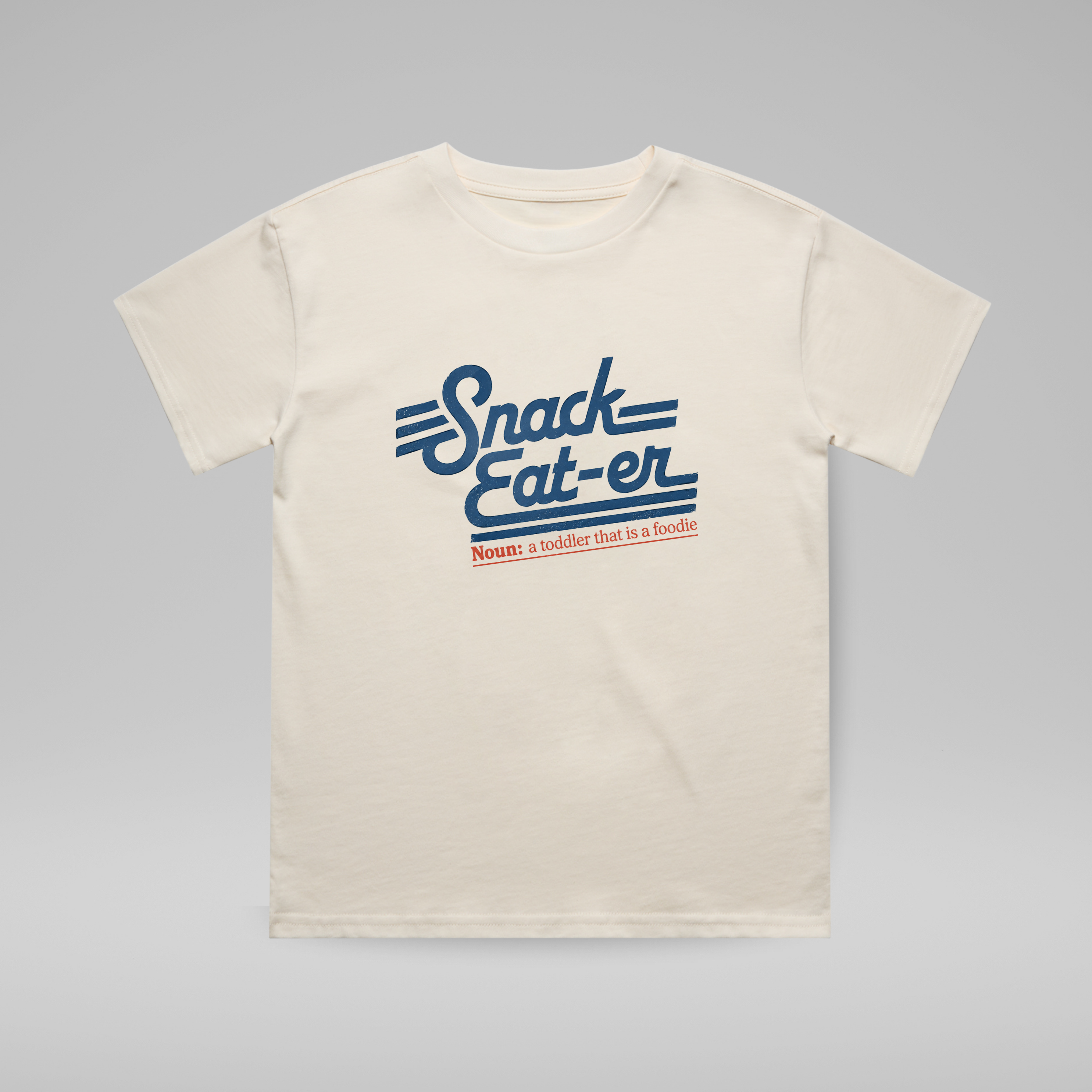 Beige t-shirt with 'Snack Eat-er' text design on a gray background