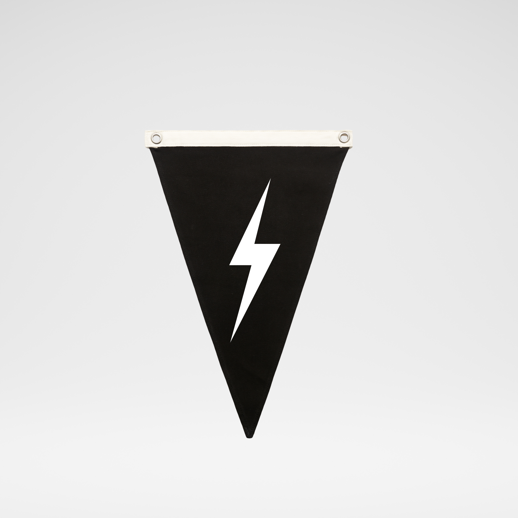 A black triangular pennant banner with a white lightning bolt graphic in the center, hanging against a light gray background.