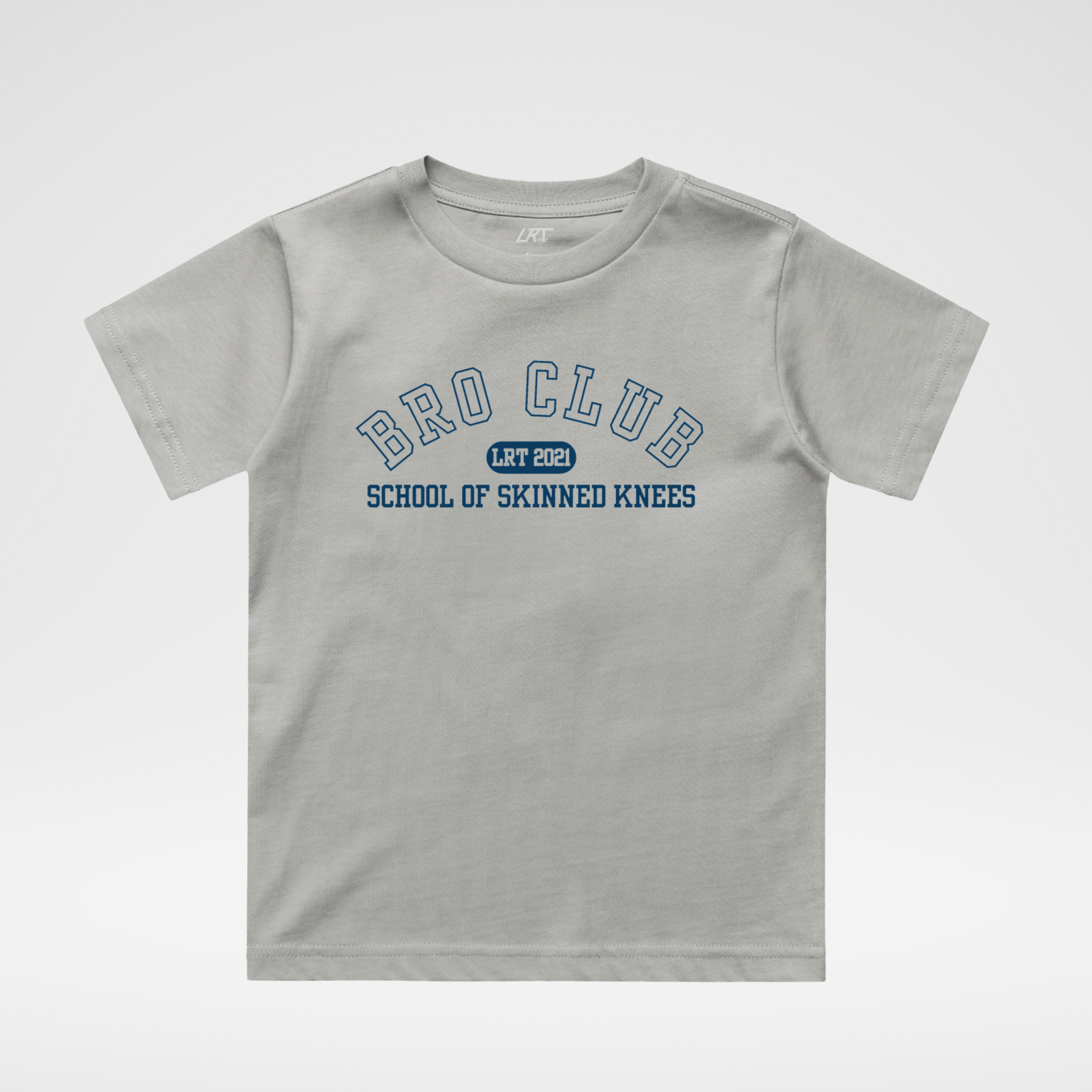 Gray t-shirt with 'Bro Club School of Skinned Knees' text on a white background