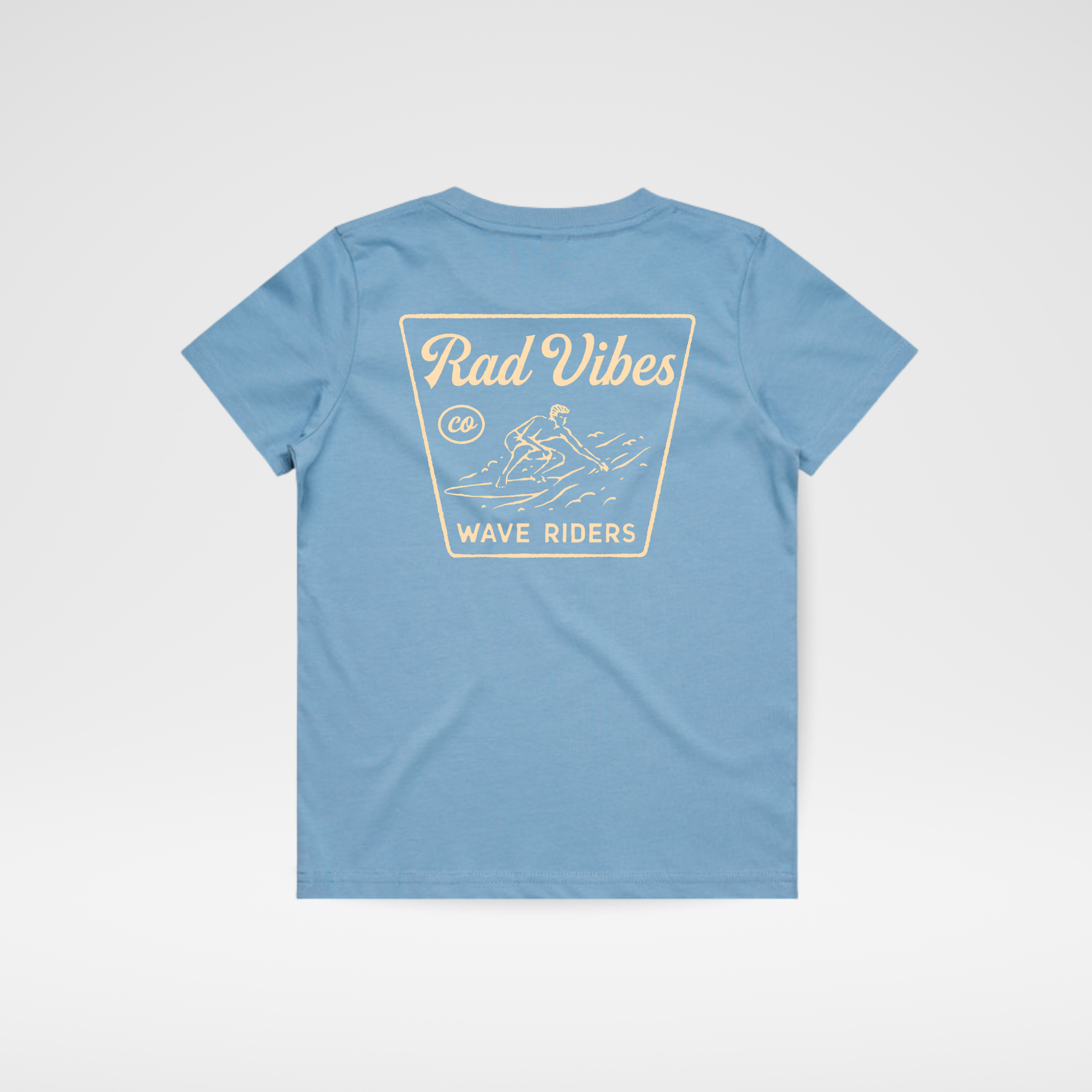 Light blue t-shirt with 'Rad Vibes Wave Riders' graphic on a light gray background