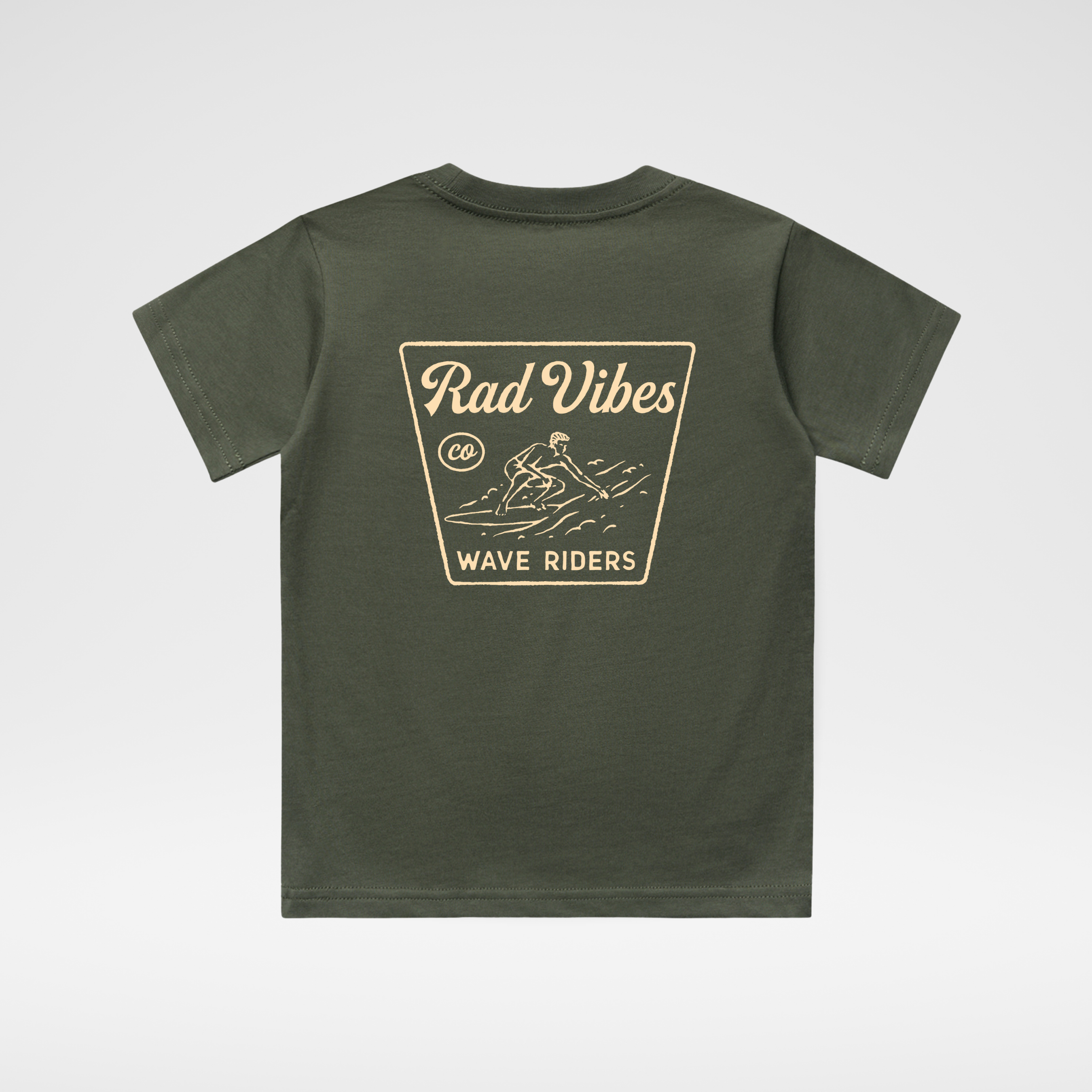 Green t-shirt with 'Rad Vibes Wave Riders' graphic on a white background