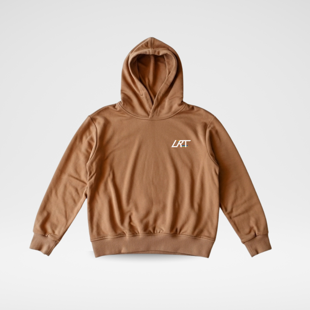 Brown hoodie with a logo on a white background