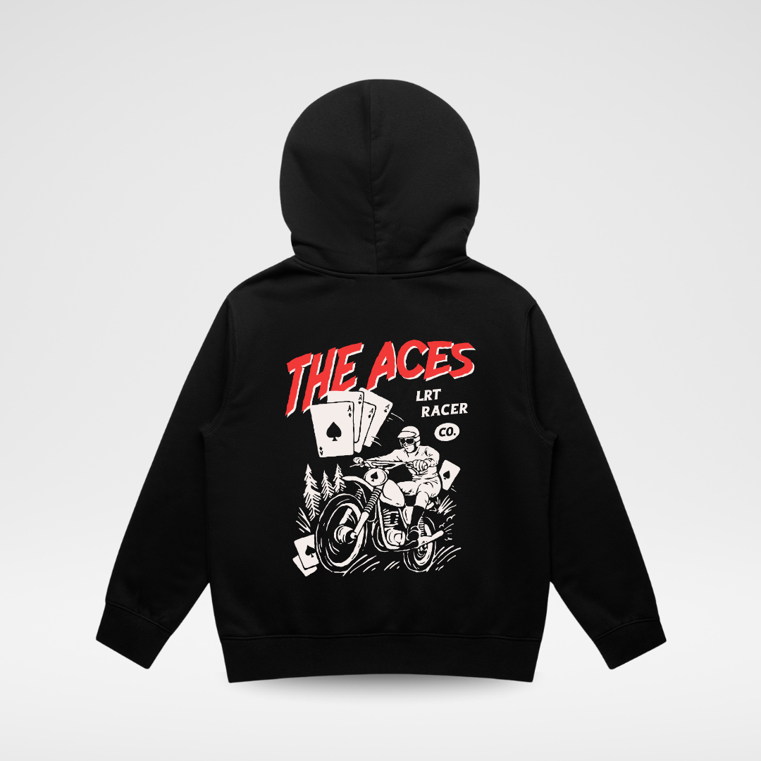 Black hoodie with graphic design and text on the back against a light gray background
