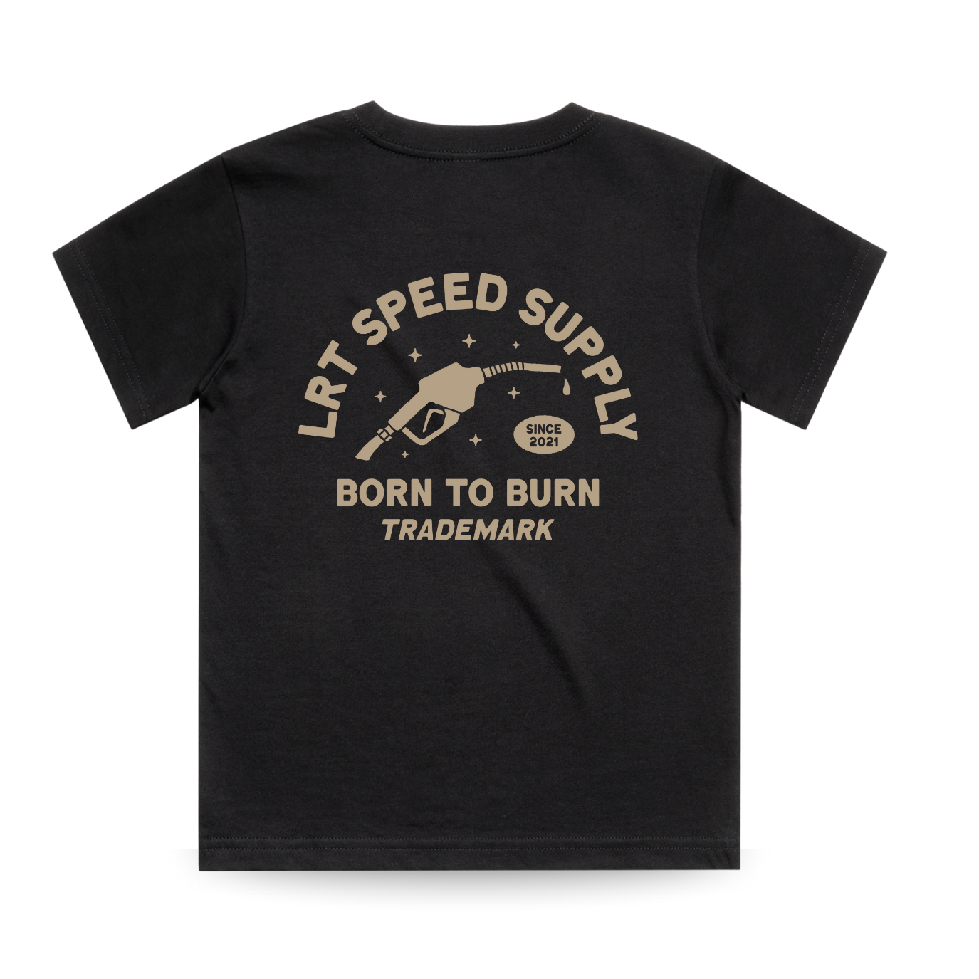 Black t-shirt with beige text and graphics on a white background