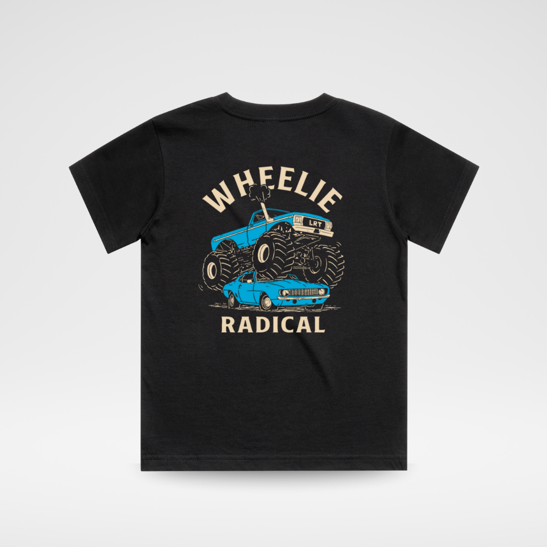 Black t-shirt with a graphic of a blue car and text 'Wheelie Radical' on a light gray background