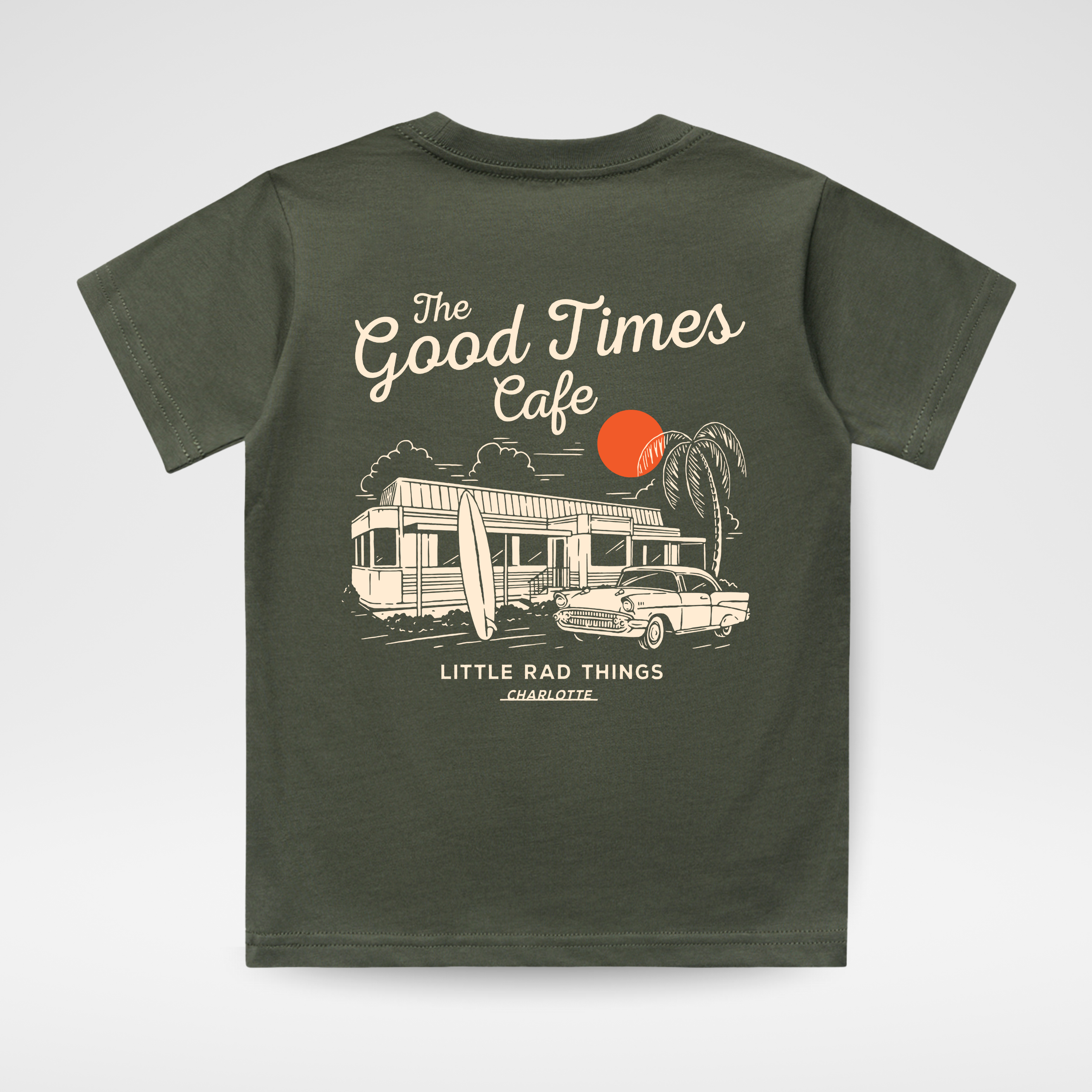 Green t-shirt with 'The Good Times Cafe' graphic design on a white background