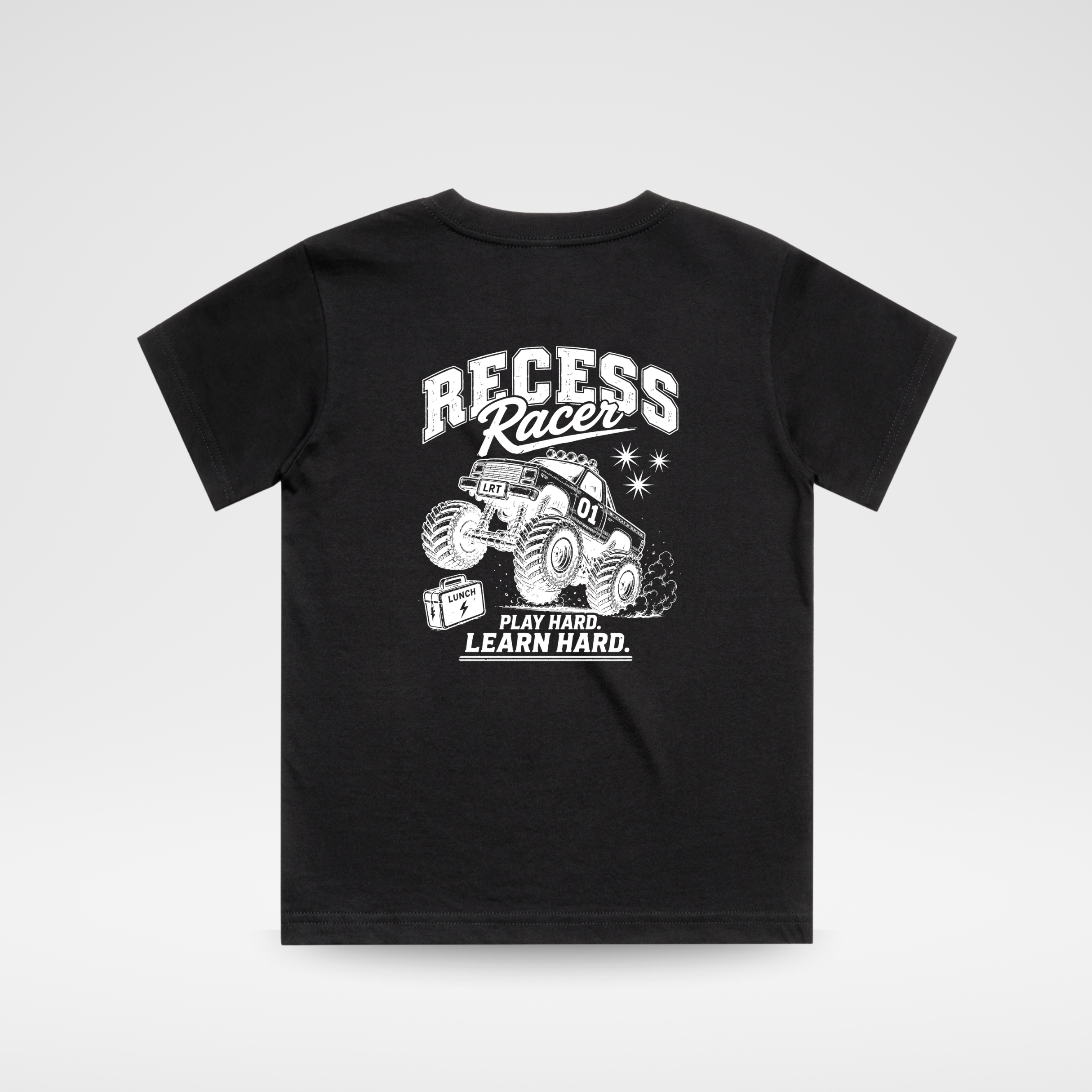 Black t-shirt with white graphic and text on a light gray background