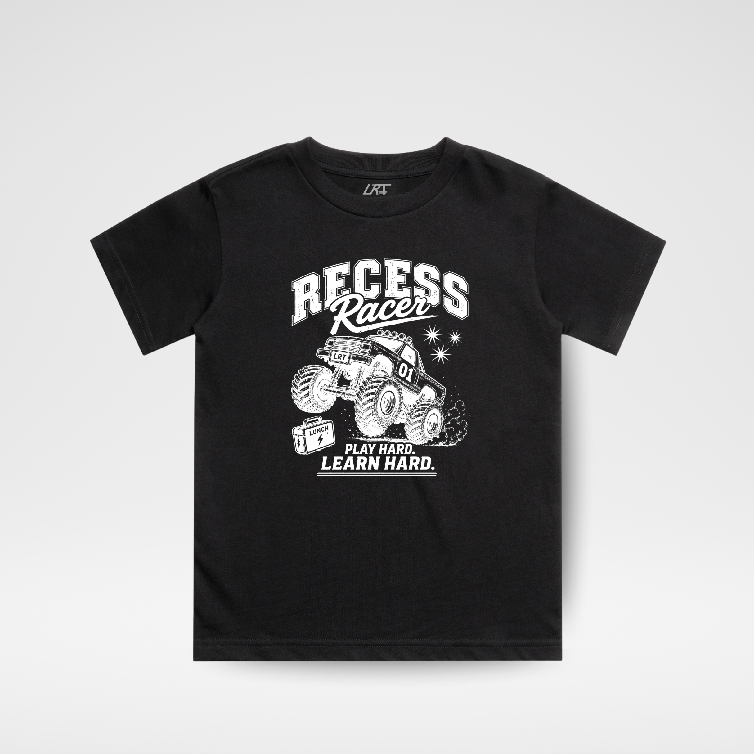 Black t-shirt with white graphic and text on a light gray background