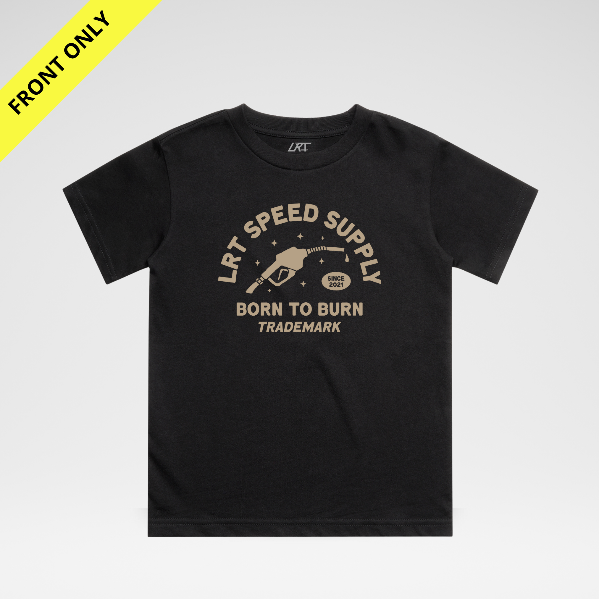 Black t-shirt with white graphic and text on a light gray background