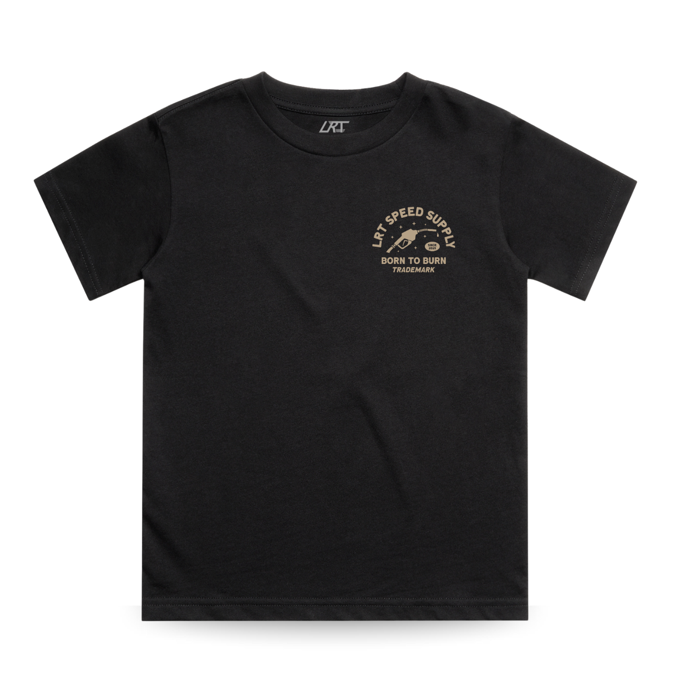Black t-shirt with a logo on a white background