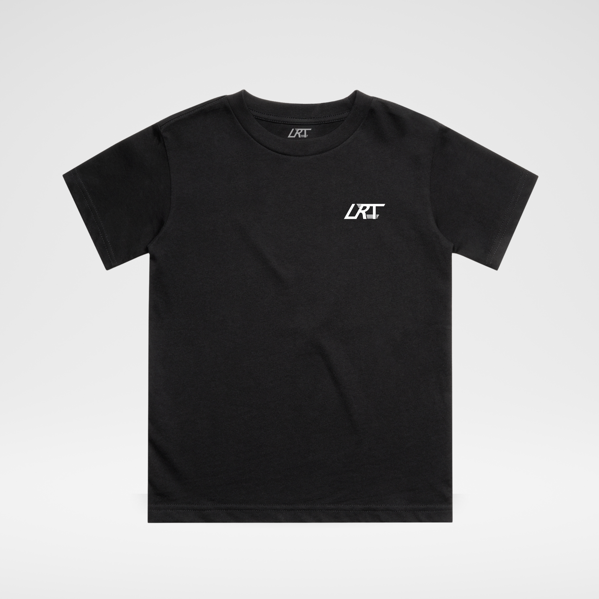 Black t-shirt with a white logo on a light gray background