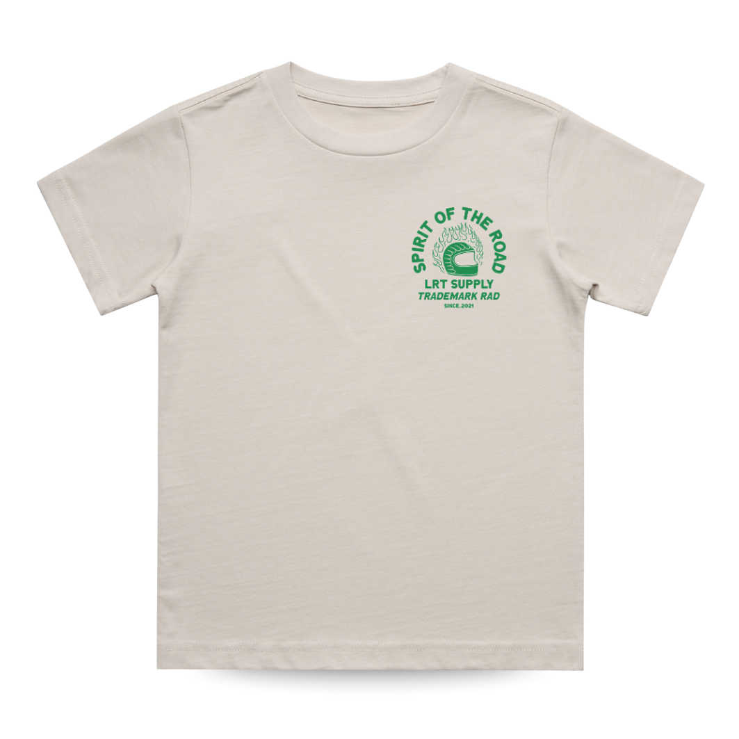Beige t-shirt with green graphic on a white background